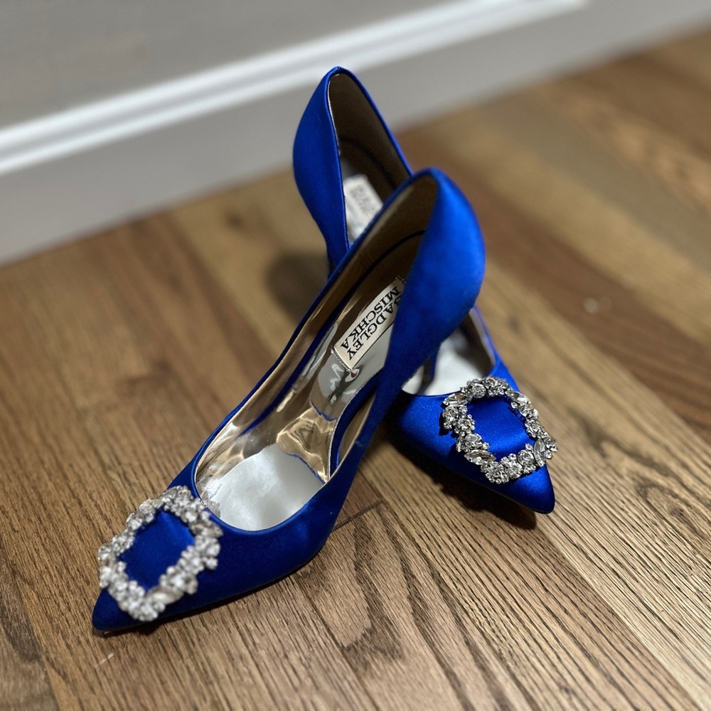 Badgley Mischka Elegant Blue Satin Heels with Crystal Embellishments